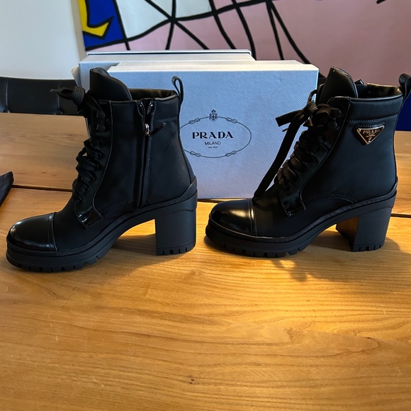 Prada Black Leather and Nylon Lace-up and Zip- up Winter Snow and Dress Boots - Picture 8 of 14